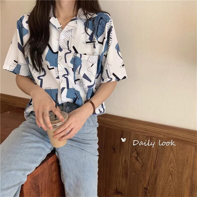 D635-P35复古原宿风印花衬衫西装领宽松短袖衬衣上衣,男装衬衫,星座911