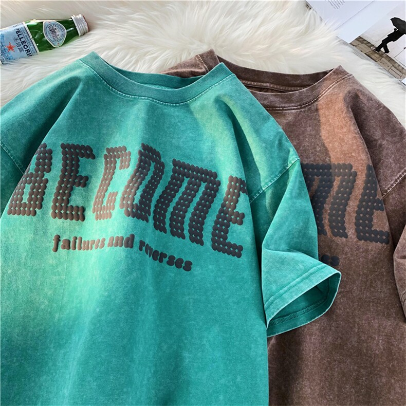 XZ213-T58-P45控58港风大码水洗做旧字母印花圆领短袖T恤五分袖，男装T恤，星座213