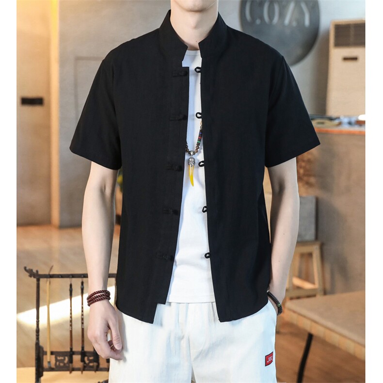 新中式风盘扣短袖衬衫男唐装古装棉麻中山装A056-C140P33,男装T恤,电商A056