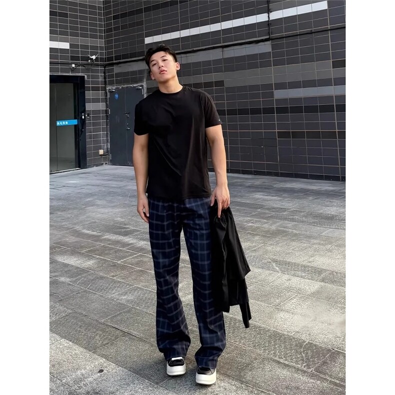慵懒风格子裤男夏季薄款美式高街微喇裤子窄版弯刀直筒裤,男装休闲裤,星座506A