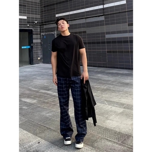 慵懒风格子裤男夏季薄款美式高街微喇裤子窄版弯刀直筒裤图片