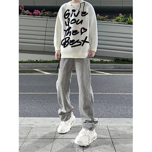 烟灰色牛仔裤男款秋冬美式vibe风裤子高街修身直筒微喇裤K906-P53