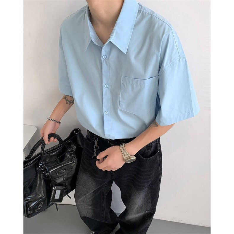 日系夏季五分短袖衬衫宽松休闲百搭纯色简约男衬衣CK218P36,男装T恤,星座1013-1