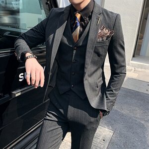 西服套装条纹男西装三件男士小西装外套A470-TZ25大码加价,杨钰莹穿搭黑色图片