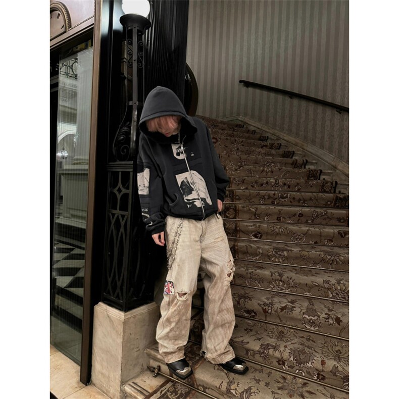 忧郁的富二代麦当娜贴布拉链连帽衫卫衣高街休闲外套,女装短外套,星座506A