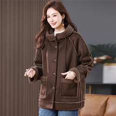 2025冬季时尚简约大方气质优雅显瘦休闲百搭潮流皮毛一体外套，女装羊羔毛/颗粒绒，独衣靓