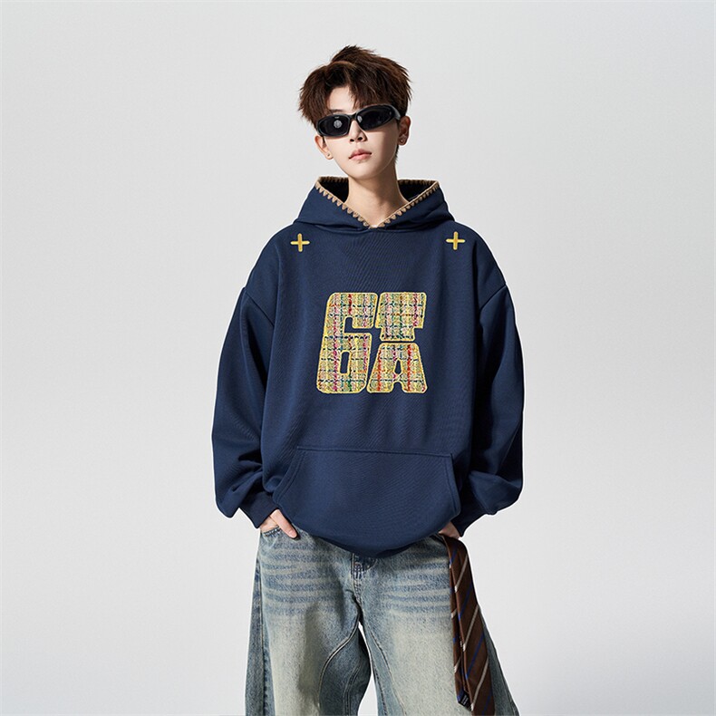 有长图秋冬季新款仿刺绣印花宽松连帽卫衣男潮WY00676/P45加绒P50,男装卫衣,电商B316