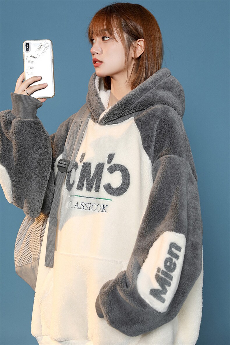 秋冬加绒加厚羊羔绒卫衣撞色连帽外套中性风男女972-P90控价118,男装卫衣,电商A441-1