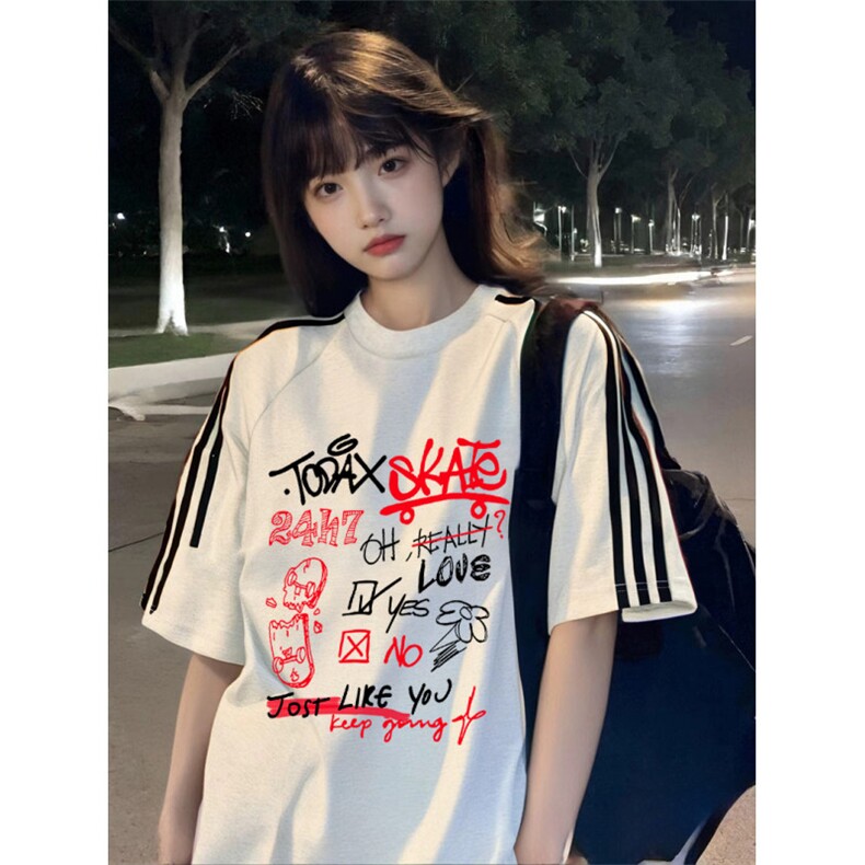 抖音得物高品质二开240克宽松纯棉美式潮牌三条杠织带短袖T恤,男装T恤,电商A486-1
