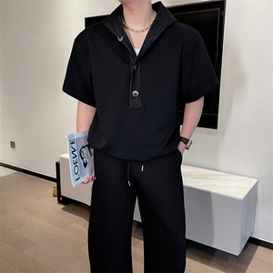 夏季红撞色拼接连帽短袖卫衣宽松弯刀裤套装男潮TZ286-P152图片