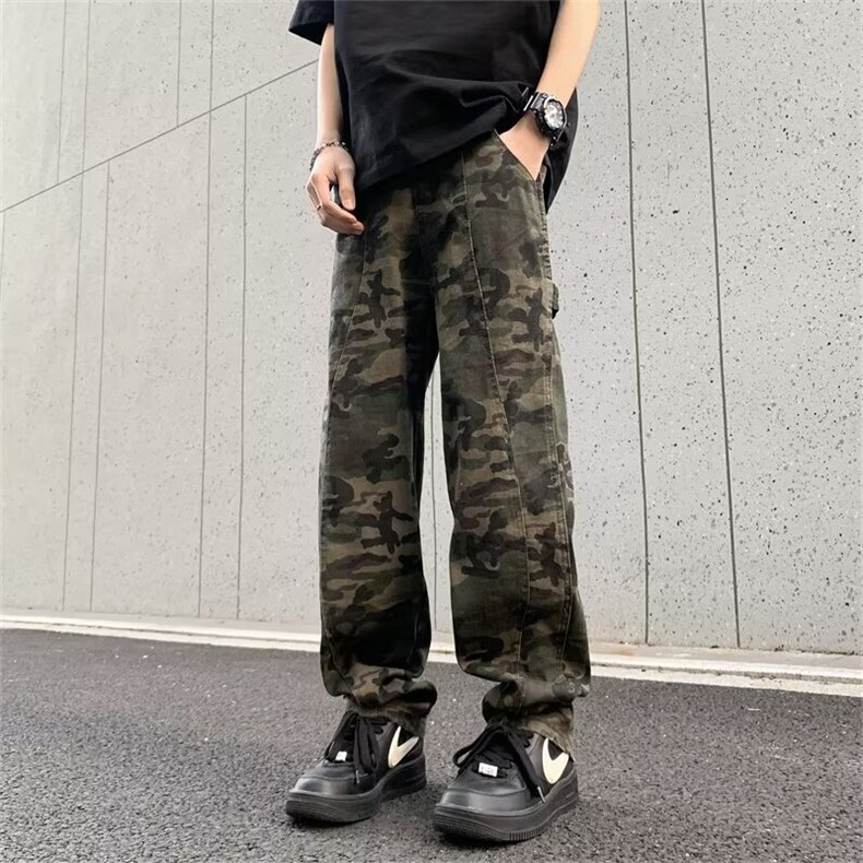 裤子高街潮牌迷彩伐木工装裤男宽松直筒vibe牛仔阔腿裤 KT1706图片