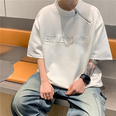 港风单侧金属拉链钢印潮流短袖T恤男DT77784P45控59：供抖音视频，男装T恤，星座227-7