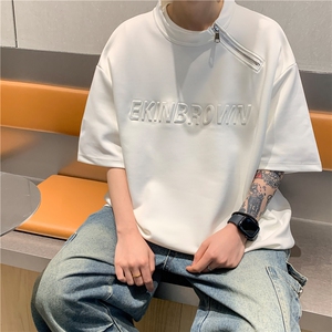 港风单侧金属拉链钢印潮流短袖T恤男DT77784P45控59：供抖音视频图片