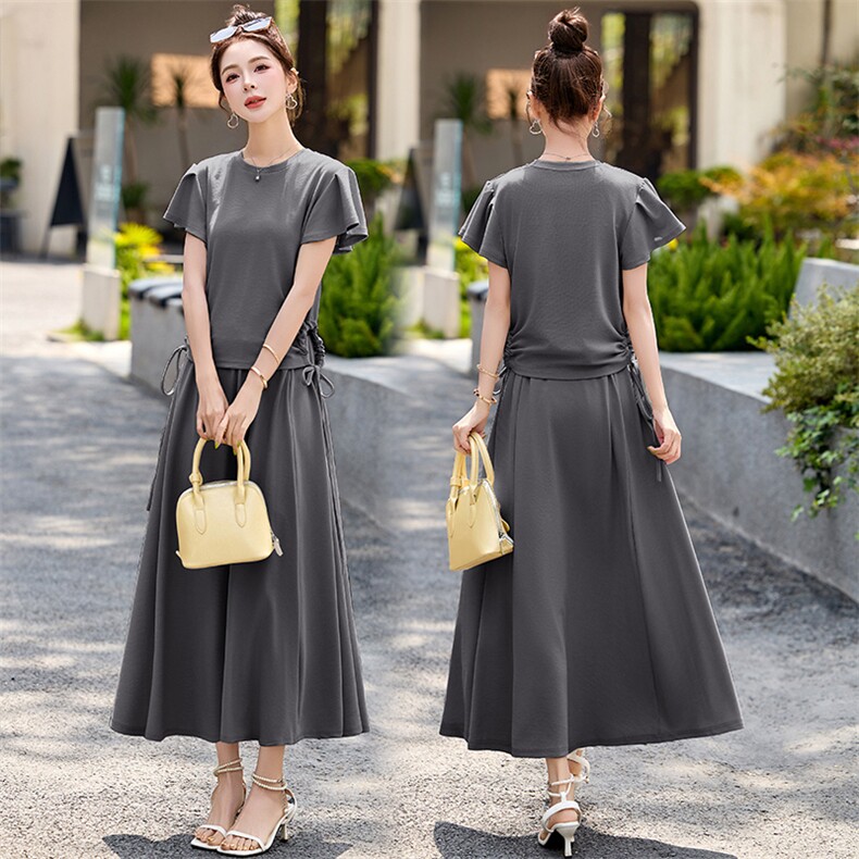 2025夏季新款时尚套装半身裙女气质抽绳绑带收腰宽松显瘦两件套潮，女装套装/套裙，魅丽静蓝