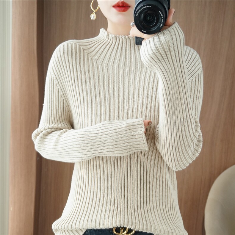 法式半高领精梳棉针织衫女2025新款修身加厚内搭打底衫保暖毛衣潮，女装针织衫/毛衣，品高羊绒