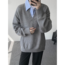 MY625-特P55控98秋季假两件衬衫领套头毛衣男宽松潮流针织衫，男装针织衫/毛衣，电商A058-1（原电商C417）