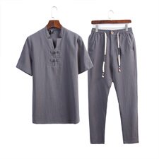 DY21*夏季男士棉麻古风短袖T恤中老年套装唐装两件套黑色*P55，男装T恤，星座1516（原B303）