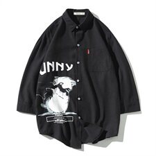2021夏季新款日系白砖墙大码男猫咪印花宽松七分袖衬衫C3005-P45，男装衬衫，电商A001