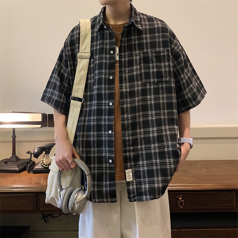 2026夏宽松潮男休闲宽松五分袖衬衫半袖格子衬衣 C700/P35 黑色3图片