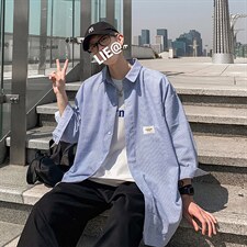 2026夏装新款条纹绣标短袖五分袖衬衫潮男衬衣CS8090/P40蓝，男装T恤，电商A094