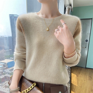 秋冬新款圆领拼色100%纯羊毛衫女宽松针织羊绒衫长袖毛衣打底上衣图片