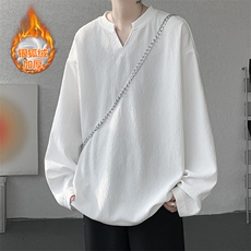 新款450g重磅保暖银狐绒V领大码长袖T恤男T51121J加绒-特P32控59，男装T恤，电商A001