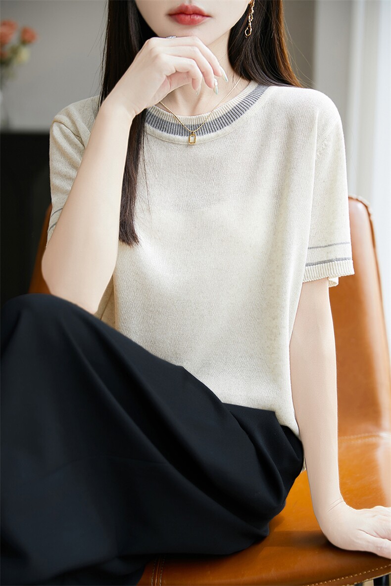 法式圆领冰丝针织短袖T恤女2025夏薄透气宽松显瘦上衣半袖t恤衫,针织衫/毛衣,郡淞羊绒
