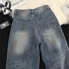 美式复古做旧绣染破洞弯刀牛仔裤男女宽松阔腿长裤子潮N098-P52，男装牛仔裤，星座308B-1