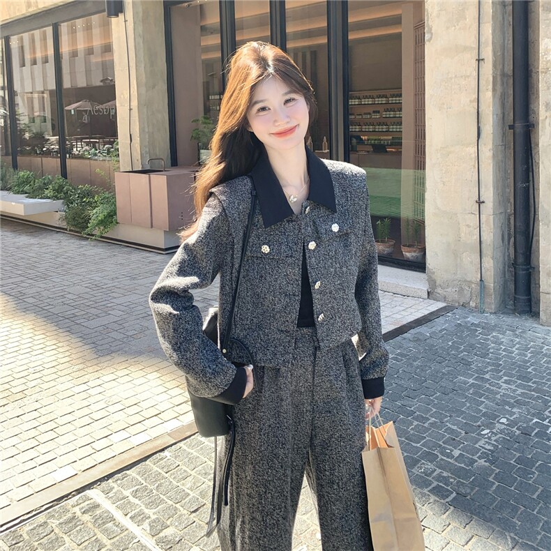 休闲撞色翻领短款毛呢长裙套装女春秋ootd穿搭两件套巨好看松弛感,女装套装/套裙,2B237