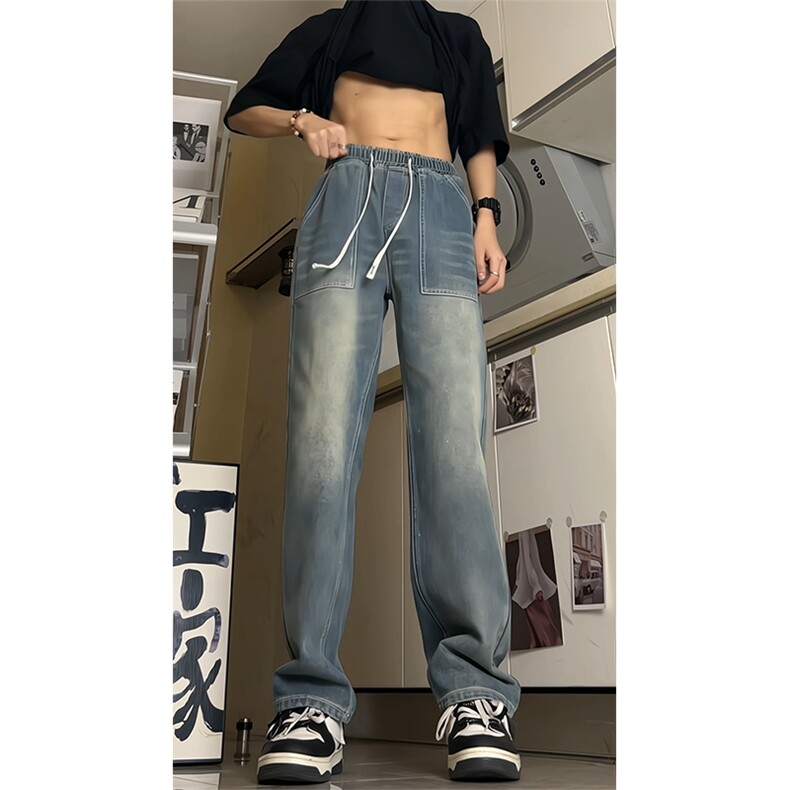 得物品质可二开宽松直筒松紧腰牛仔裤A439特P40,男装牛仔裤,电商A309