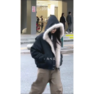 现货高品质美式高街冬季重磅硬挺短款座山雕毛领棉衣男女加厚外套图片