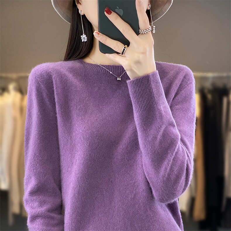 圆领新款针织长袖女纯色简约百搭宽松套头上衣,针织衫/毛衣,戎洋