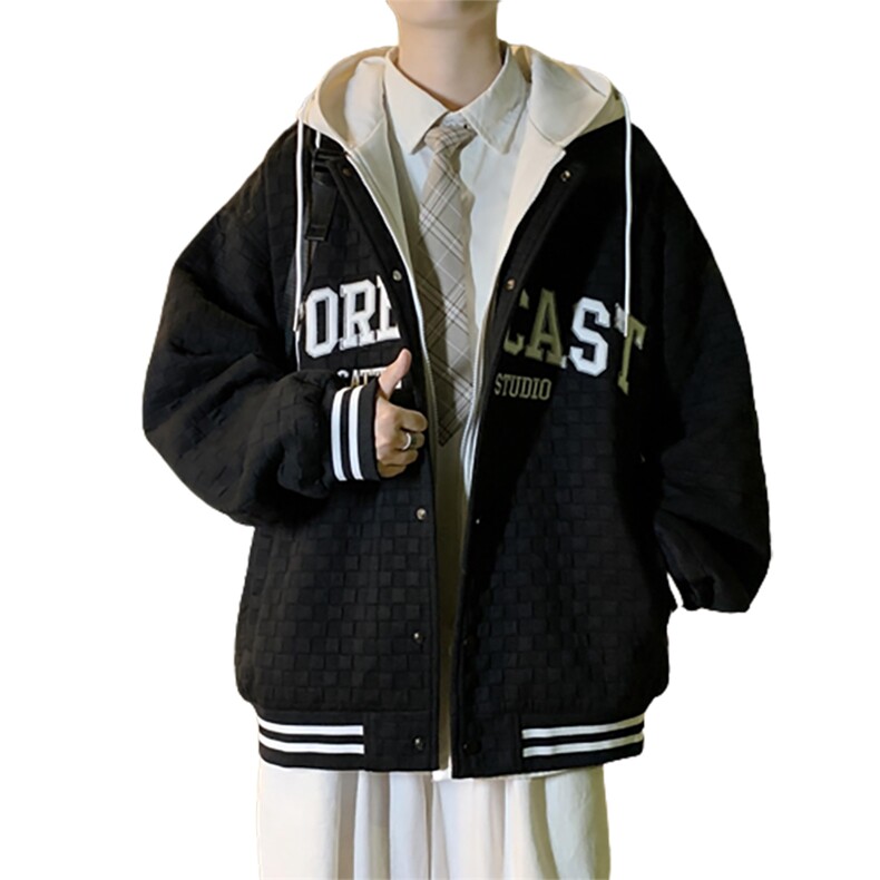 假两件连帽棒球服男潮牌潮流休闲宽松bf风百搭外套JK0272-P95,男装夹克,星座308B-1
