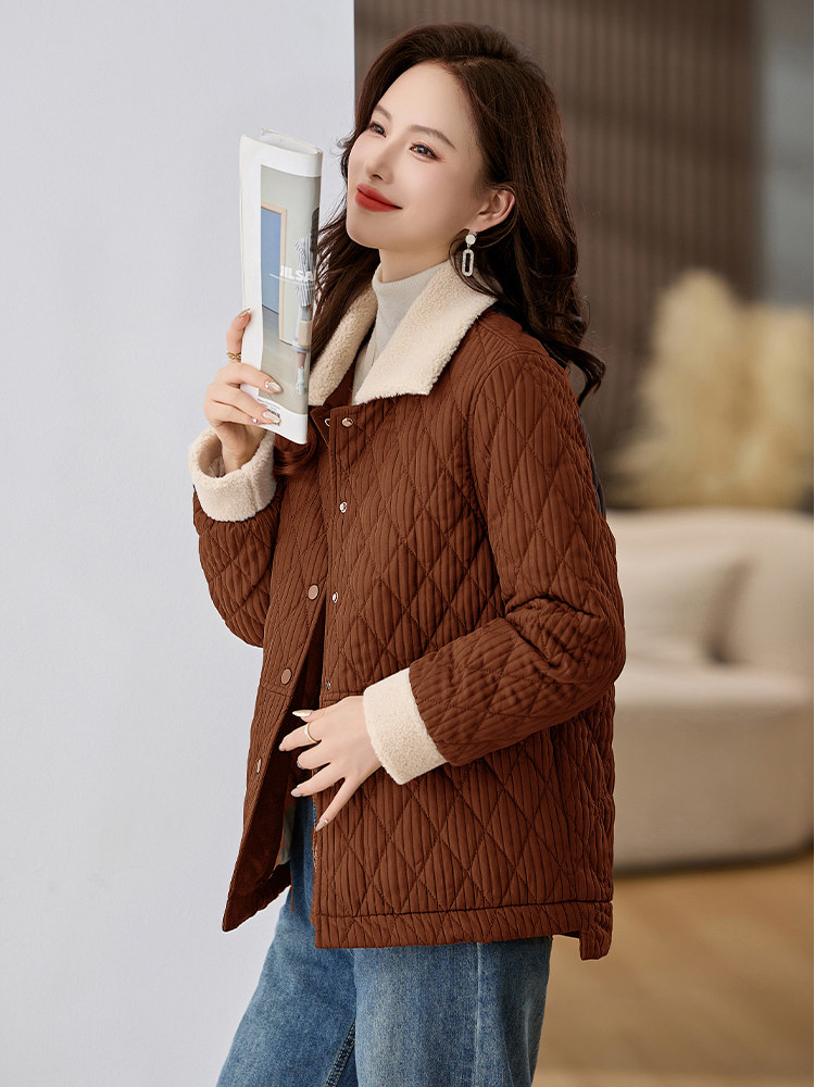 羊羔毛拼接棉衣棉服女2024冬新款休闲百搭菱格夹棉外套洋气小棉袄,女装棉衣/棉服,姿衣坊