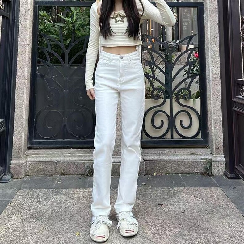 白色窄版阔腿直筒牛仔裤女2025春季新款高腰显瘦加长堆堆烟管裤子图片