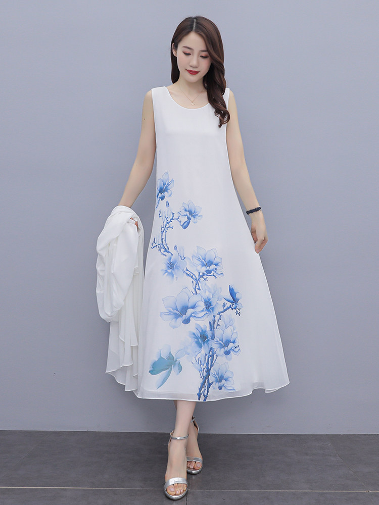 印花连衣裙夏季新款女无袖打底裙长款背心裙子春秋民族风，女装连衣裙，秀美人生