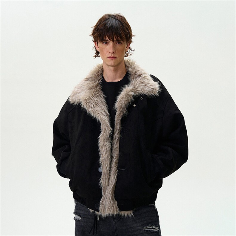 现货重磅硬挺boxy羽绒棉衣座山雕大毛毛领洗水麂皮棉服冬外套，男装棉衣，电商A486