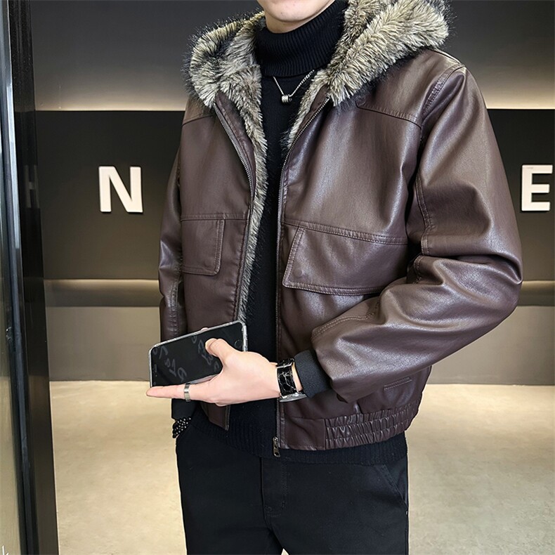 座山雕加绒加厚皮衣连帽外套男士皮毛一体PU皮棉衣B328-6651-P215图片
