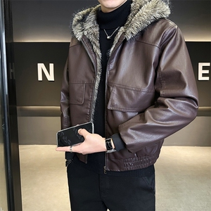 座山雕加绒加厚皮衣连帽外套男士皮毛一体PU皮棉衣B328-6651-P215图片