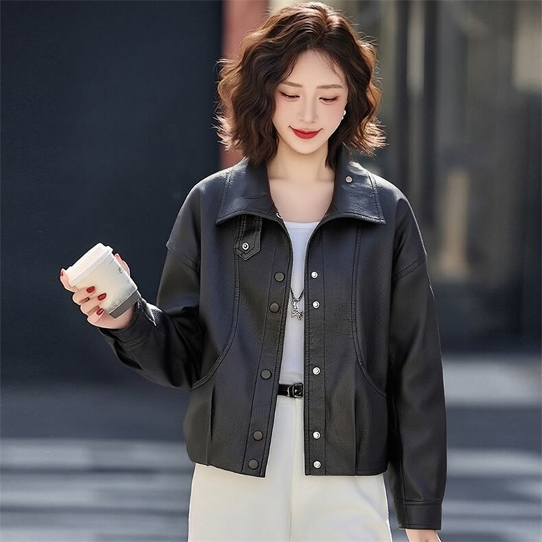 现货短款皮衣外套女新款春秋小个子酷飒气质宽松休闲减龄PU皮夹克,女装皮衣,韩蔻秀