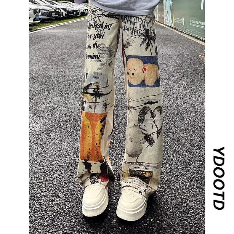 美式街头漫画彩色涂鸦牛仔裤男女春秋宽松阔腿休闲裤潮AM7056P58，男装牛仔裤，星座1013-5
