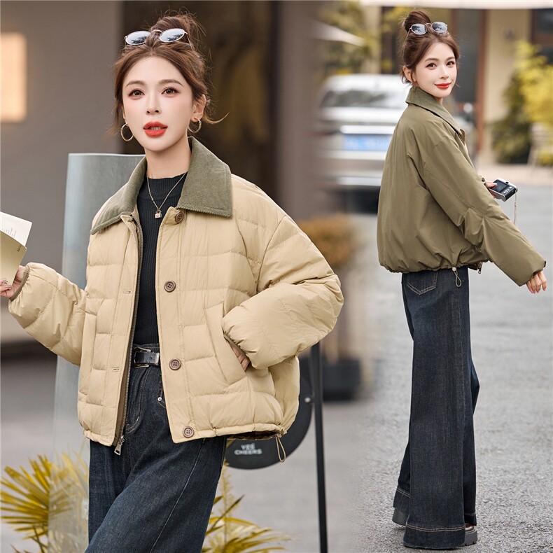 2025冬新款90绒韩版复古拼色翻领两面穿短款宽松羽绒服，女装羽绒服，瑶迪依秀