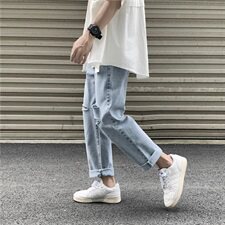 夏季港风ins纯色休闲破洞九分牛仔裤潮男宽松男女直筒裤KZ07，男装牛仔裤，星座1008