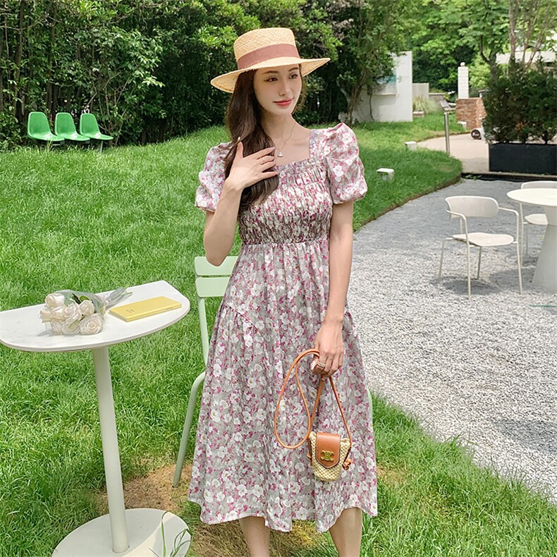 紫色复古碎花小众连衣裙女2023新款夏季v领娃娃领设计感中长裙子,女装连衣裙,浙宝192（原082）