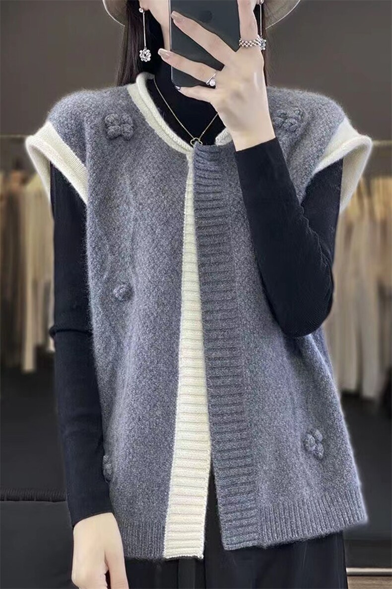 拼色马甲开衫2024年秋季时尚简约百搭针织衫,女装马甲,萱芳婷羊绒