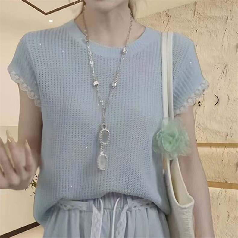 2025春季细看精仿羊毛衫女士圆领镂空短袖上衣套头蕾丝薄款打底,女装T恤,萱芳婷羊绒