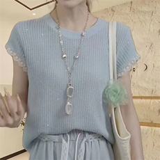 2025春季细看精仿羊毛衫女士圆领镂空短袖上衣套头蕾丝薄款打底，女装T恤，萱芳婷羊绒