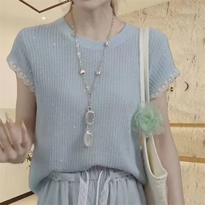 2025春季细看精仿羊毛衫女士圆领镂空短袖上衣套头蕾丝薄款打底图片