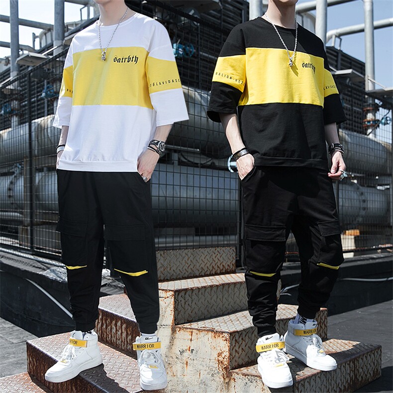 2023夏季男士新款运动休闲短袖体恤套装宽松T恤上衣男装F12P68，男装休闲套装，电商A086