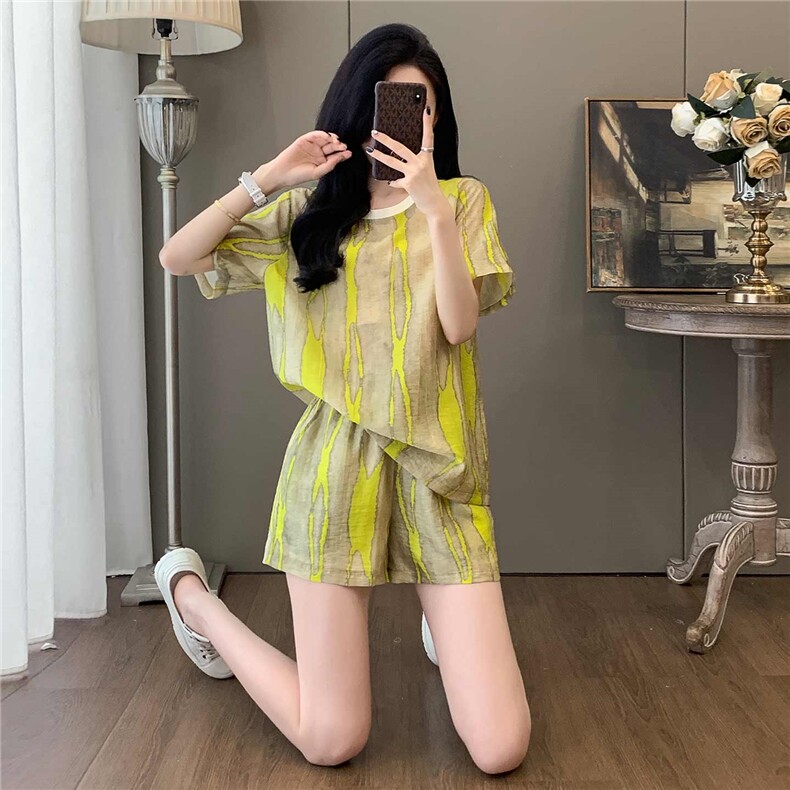 韩流时尚套装女夏季新款气质显瘦圆领亚麻短袖上衣阔腿短裤两件套,女装套装/套裙,江南